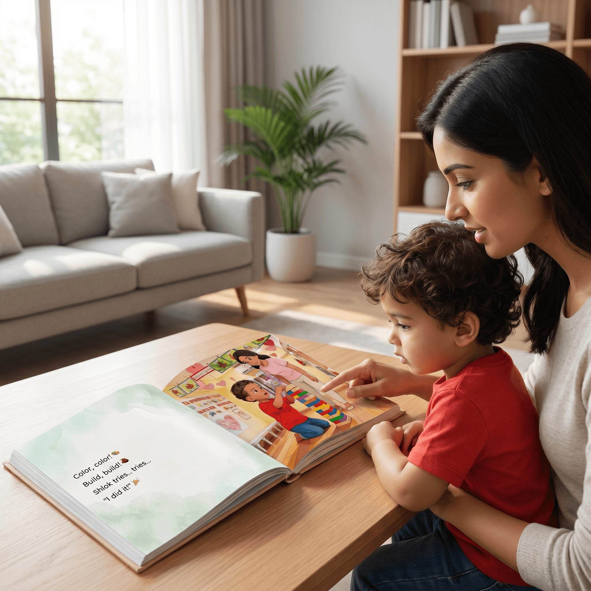Mother and child reading a personalized storybook together