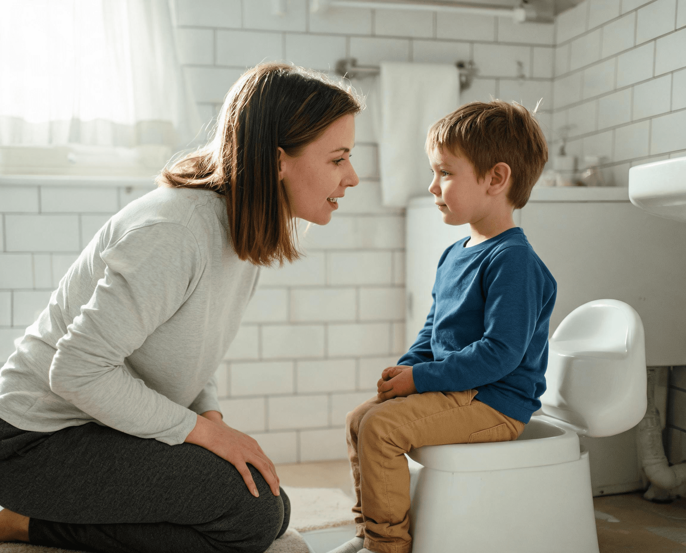 A fully clothed child practicing calmly beside the potty with a parent nearby