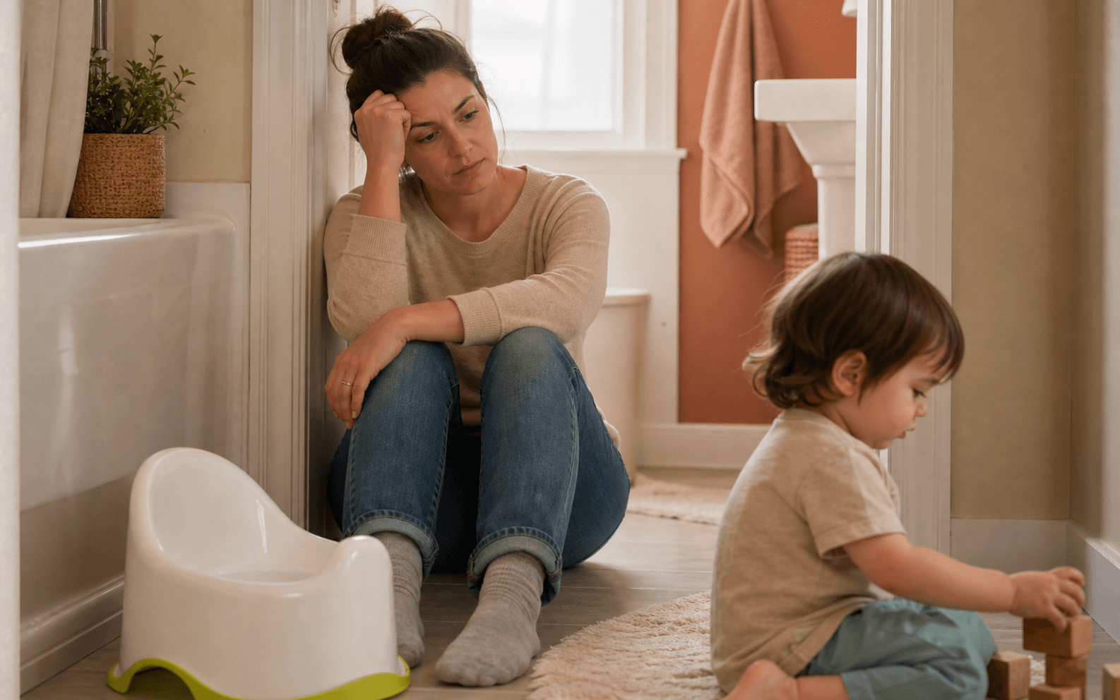 A tired parent sitting near an unused potty while their child plays nearby