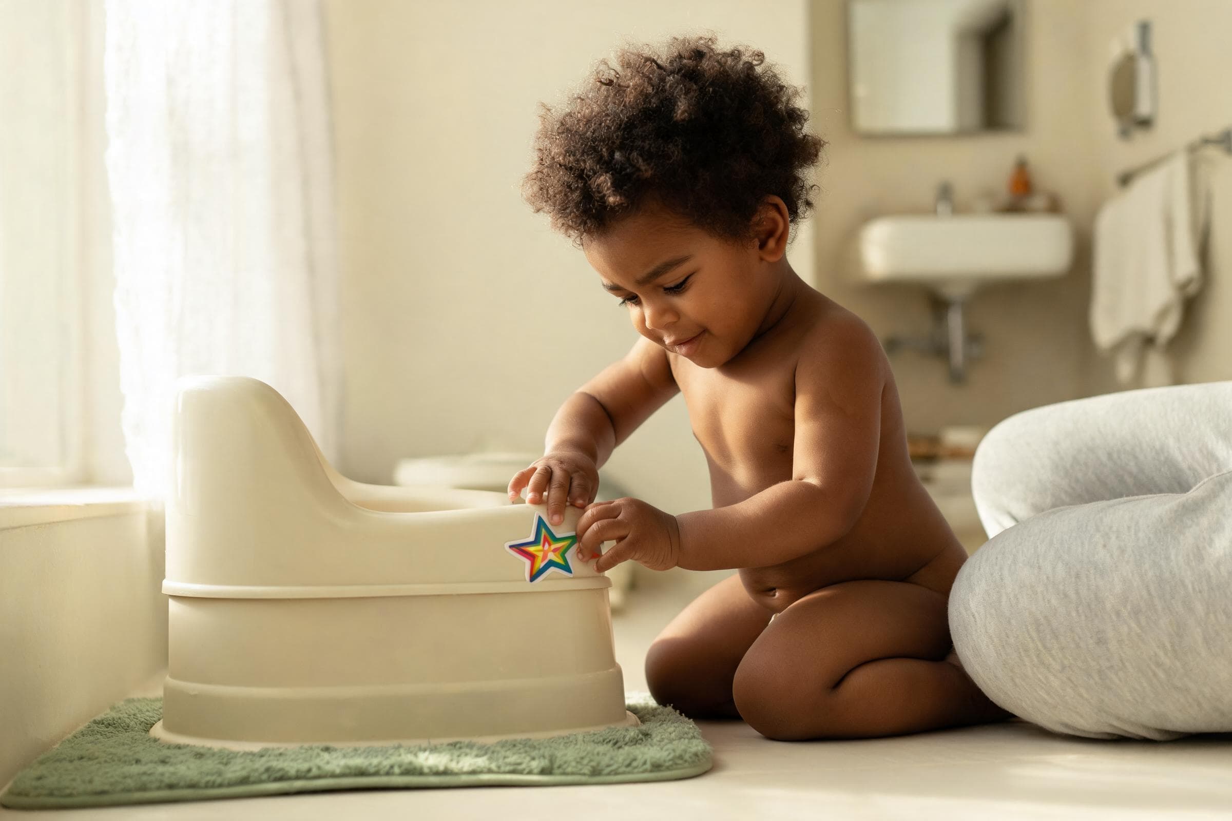 A toddler sticking a star sticker onto their own potty seat