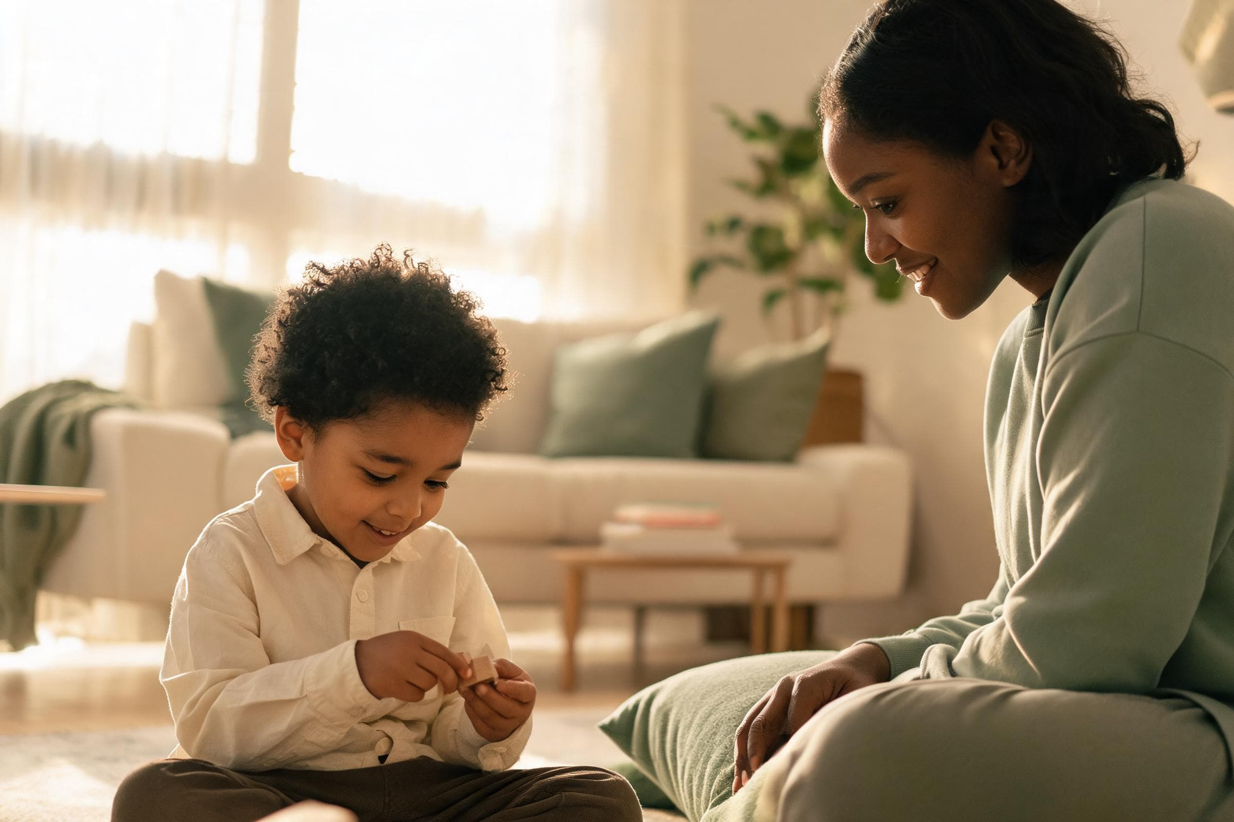 A toddler playing on their own on a rug while a parent sits nearby, watching
