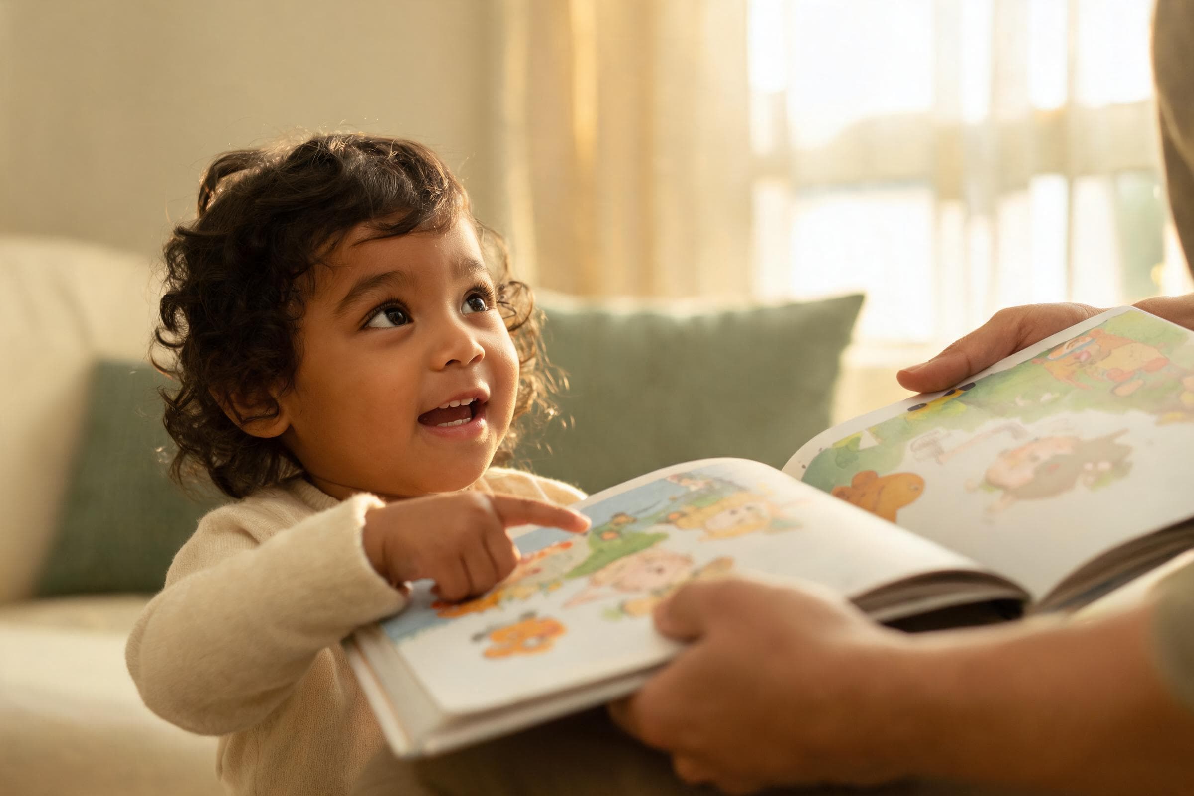 A delighted toddler pointing at a page of a picture book