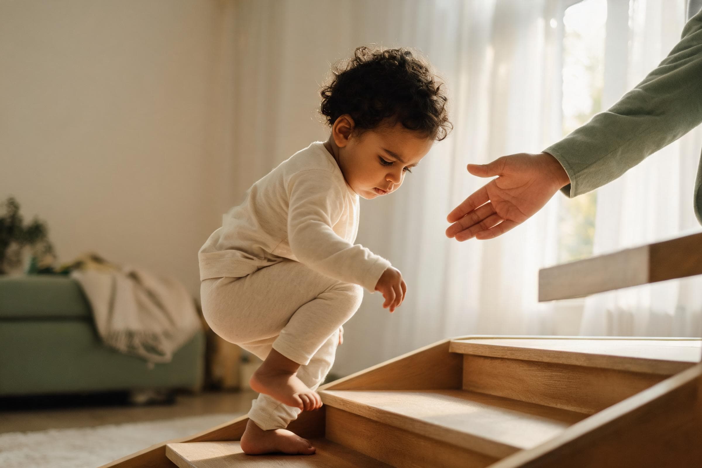 A toddler carefully taking one step up a low stair, a parent鈥檚 hand nearby