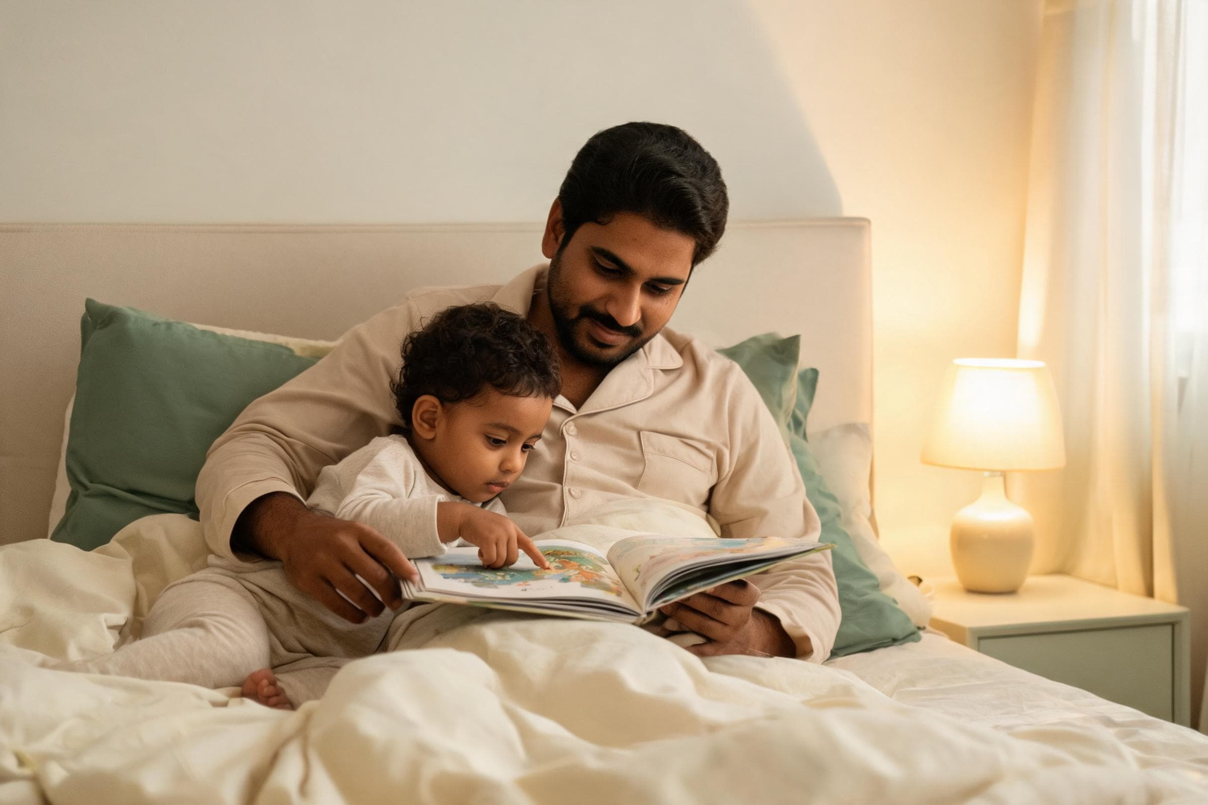 A parent and toddler reading a picture book together at bedtime